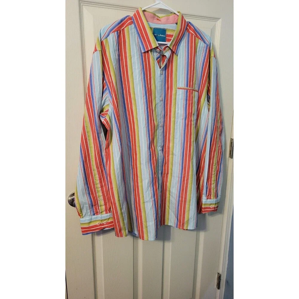 Tommy Bahama Cotton Silk Striped Button Down Shirt Men's XL Long Sleeve Beach